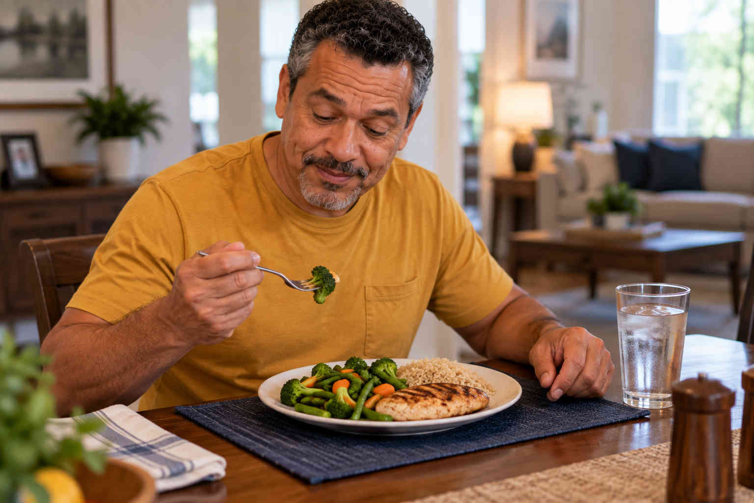 Man eating grilled chicken, brown rice, broccoli, carrots, and green beans at the dining table