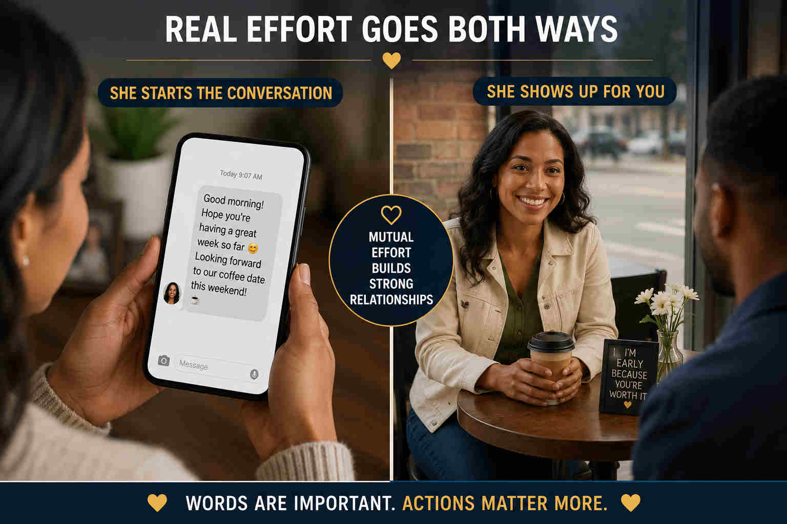 Split image showing a woman sending the first message and arriving early for a coffee date