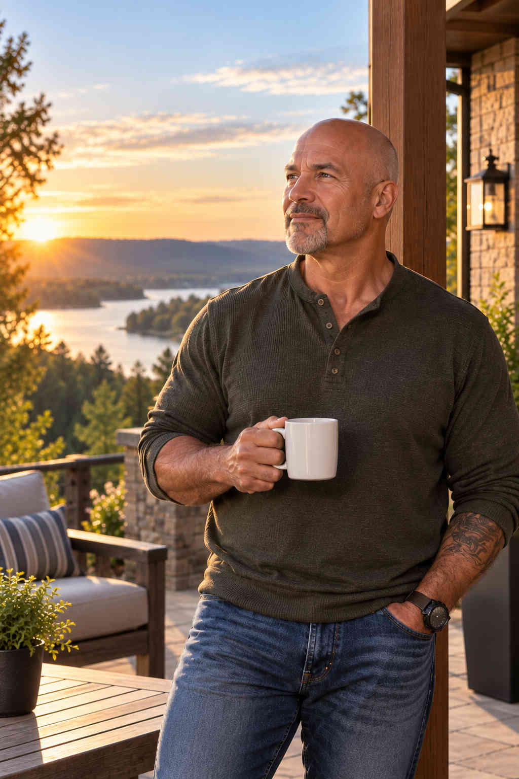 Man standing on a patio overlooking a lake at sunset