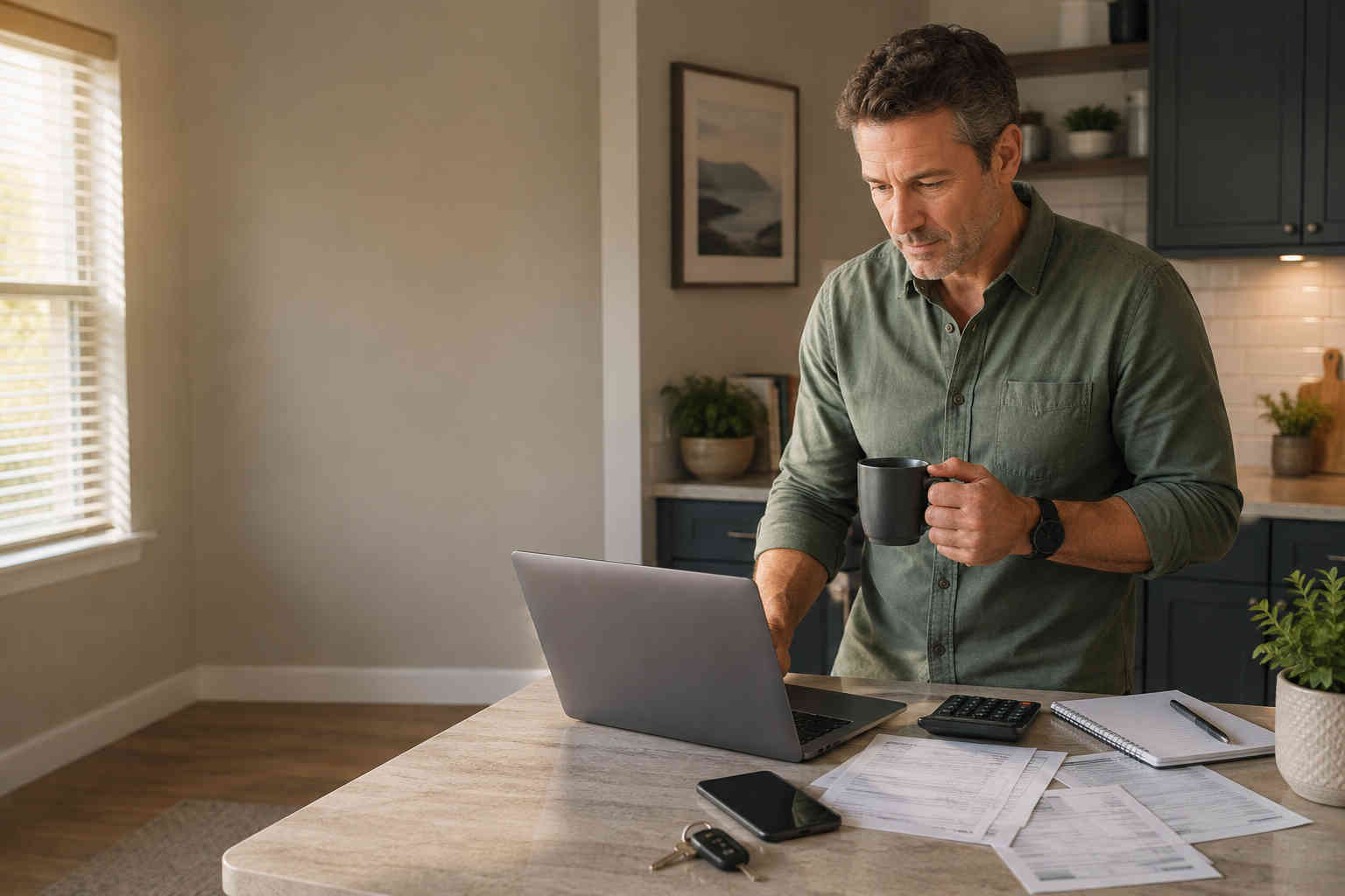 Man reviewing bills and a household budget on his laptop while adjusting to living on one income after divorce