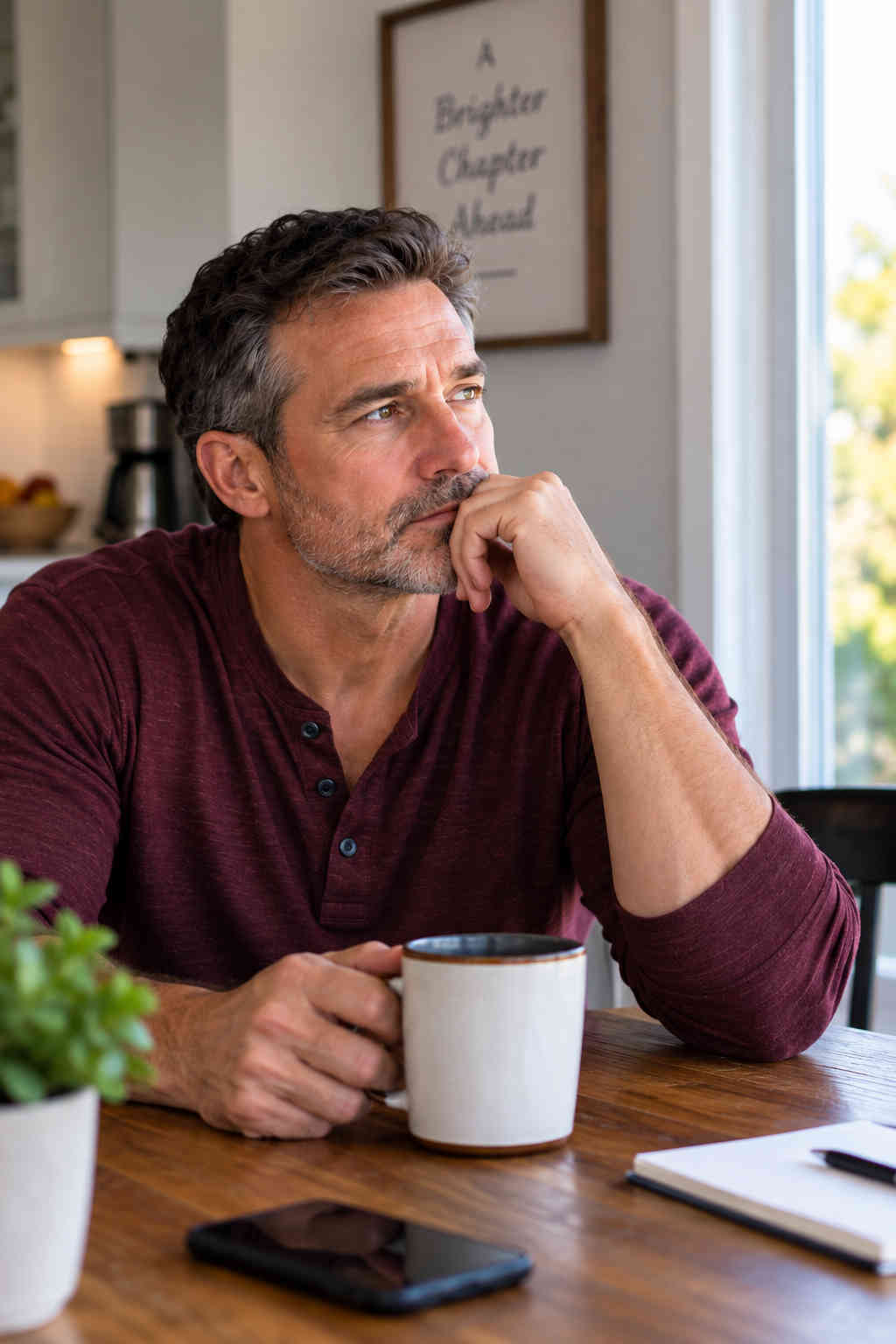 Man sitting with coffee at home while thinking about his former relationship