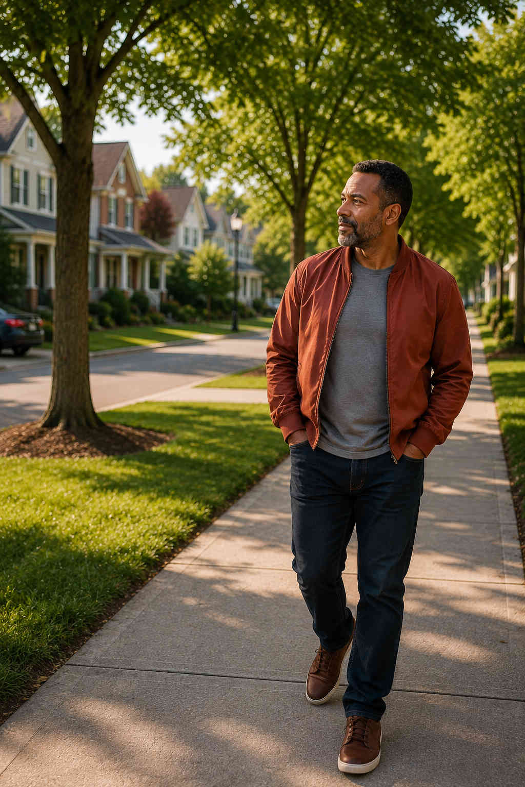 Man walking through a tree-lined residential neighborhood while considering where to live after divorce