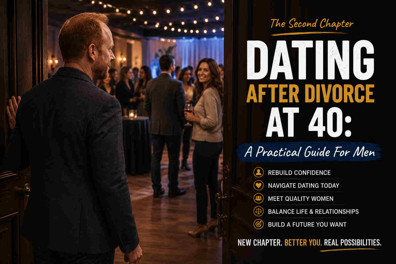 Divorced man in his 40s standing at the door of a social event and stepping into a second chapter