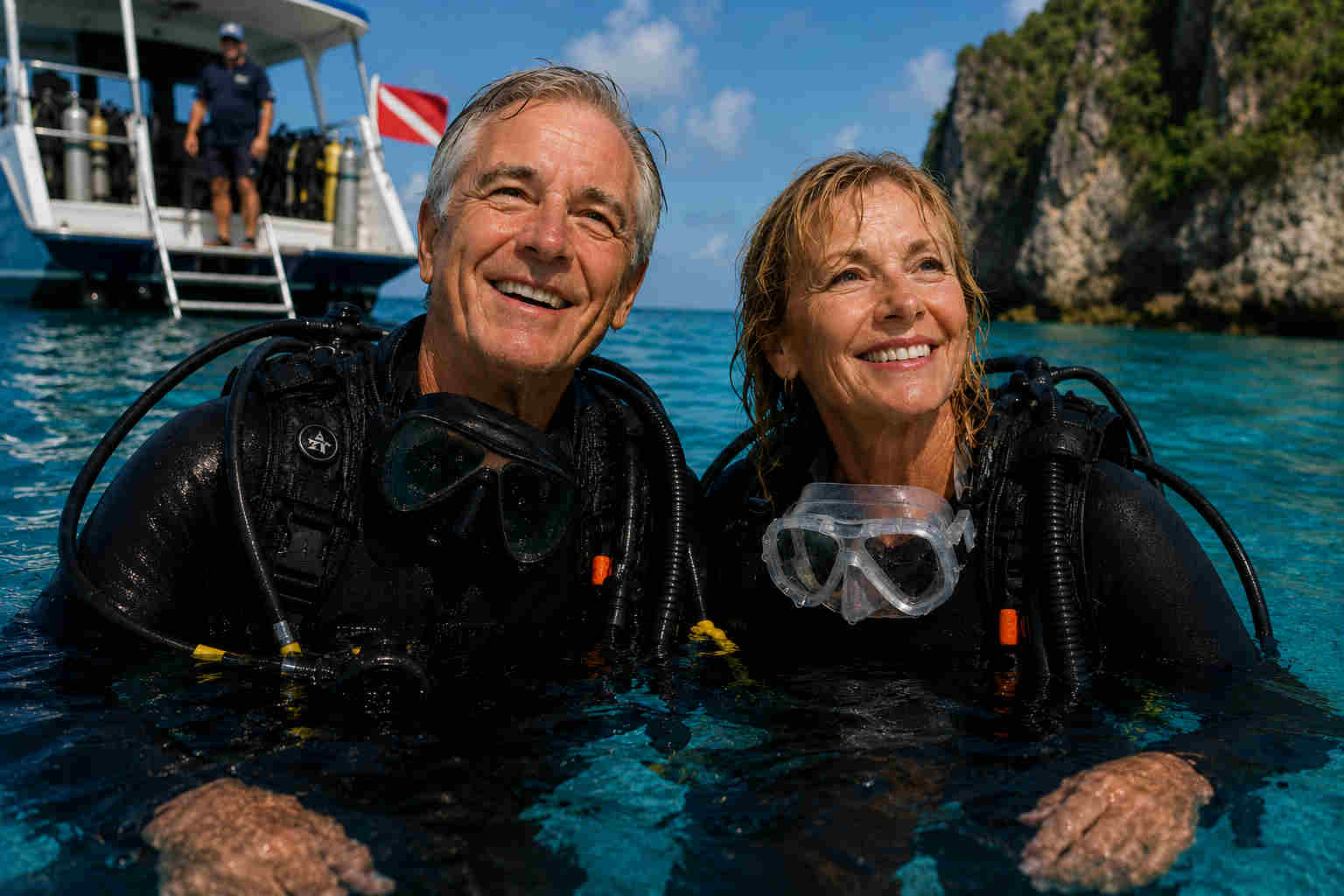 Older couple in scuba gear smiling in clear tropical water after divorce at 60