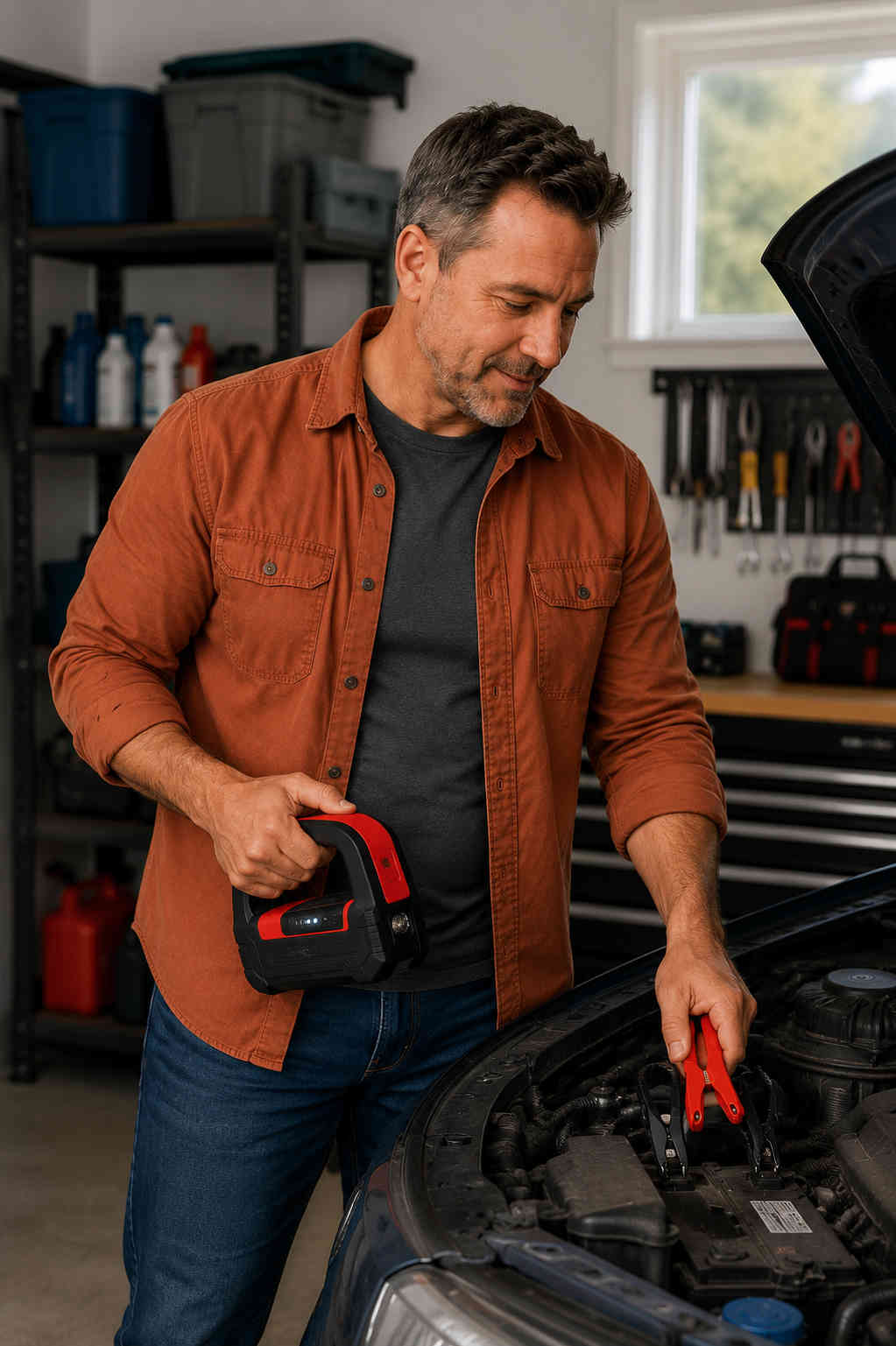 Man preparing for financial emergencies by checking his car with a portable jump starter in his garage