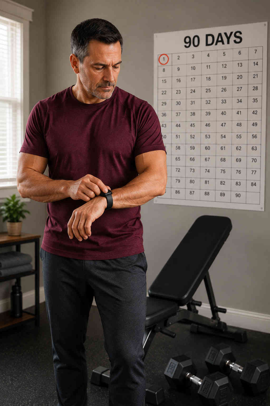 Middle-aged man checking his fitness watch beside a 90-day calendar at the start of his workout plan
