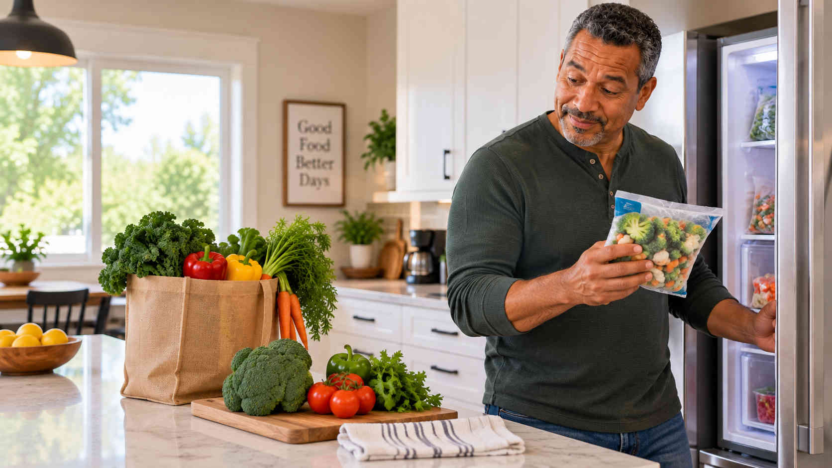 Man choosing frozen vegetables in his kitchen while fresh produce sits nearby