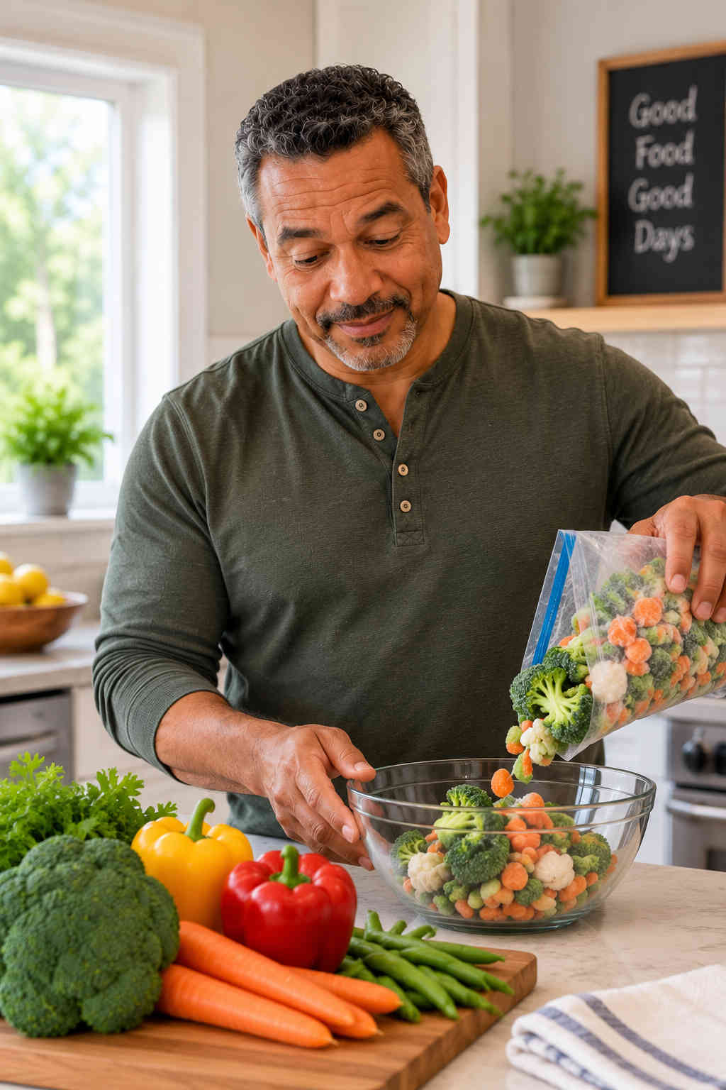 Man pouring frozen mixed vegetables into a bowl beside fresh vegetables