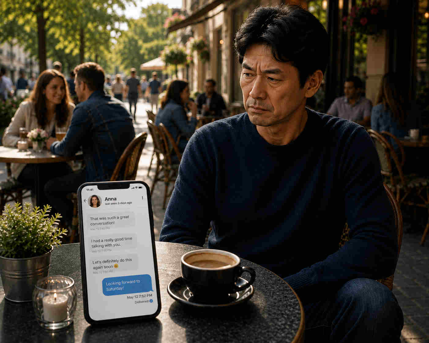 Divorced Asian man at an outdoor cafe after an online dating conversation goes silent
