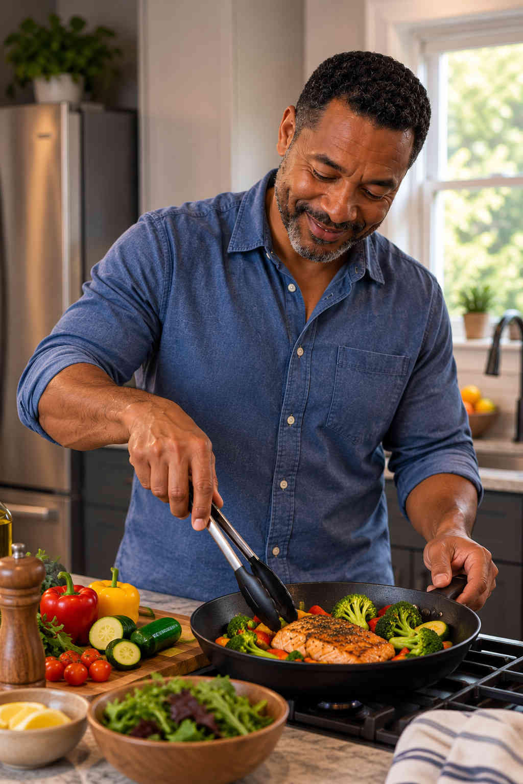 Man cooking a healthy salmon and vegetable dinner for one in his kitchen