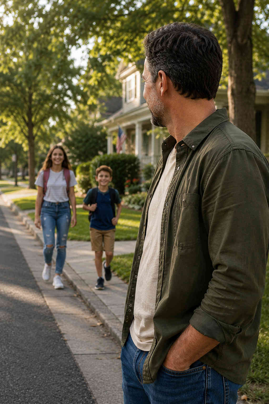 Father watching his son and daughter approach through a nearby residential neighborhood