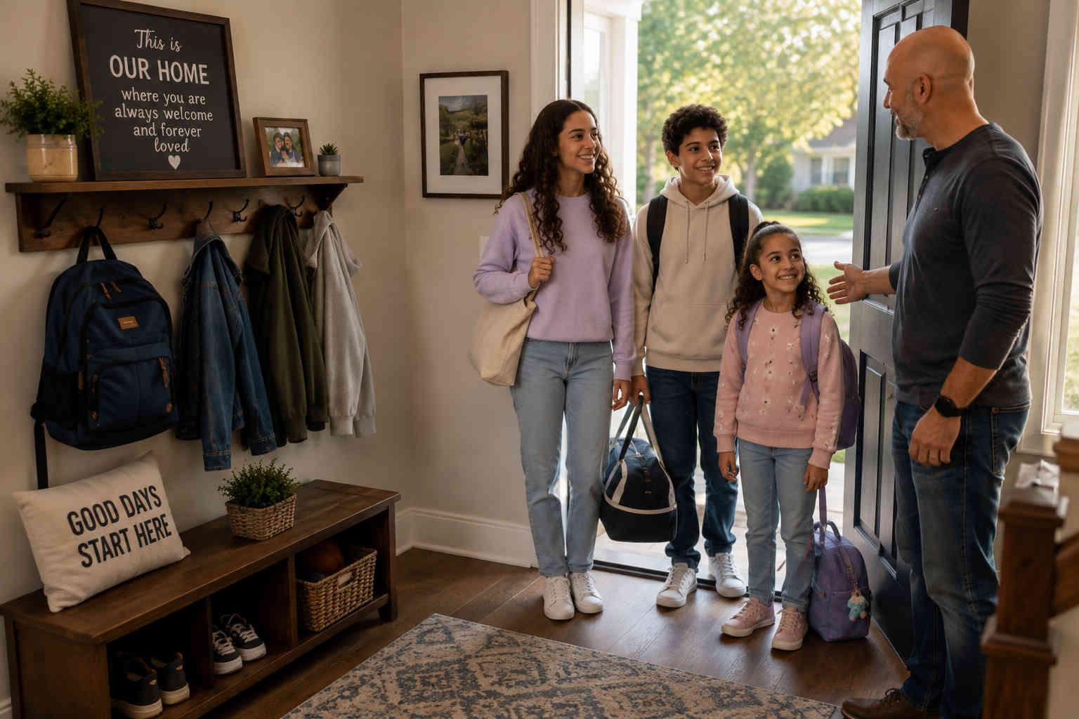 Father welcoming his fourteen-year-old daughter, twelve-year-old son, and eight-year-old daughter into a home where jackets and backpacks already have a place