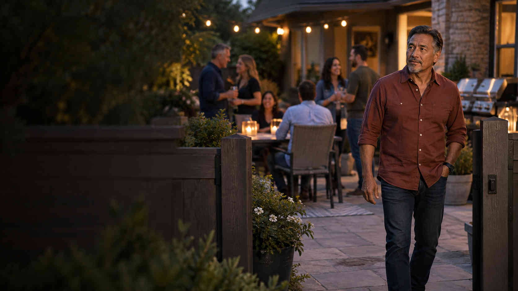 A divorced man standing apart from friends at an evening gathering and experiencing loneliness and isolation after divorce