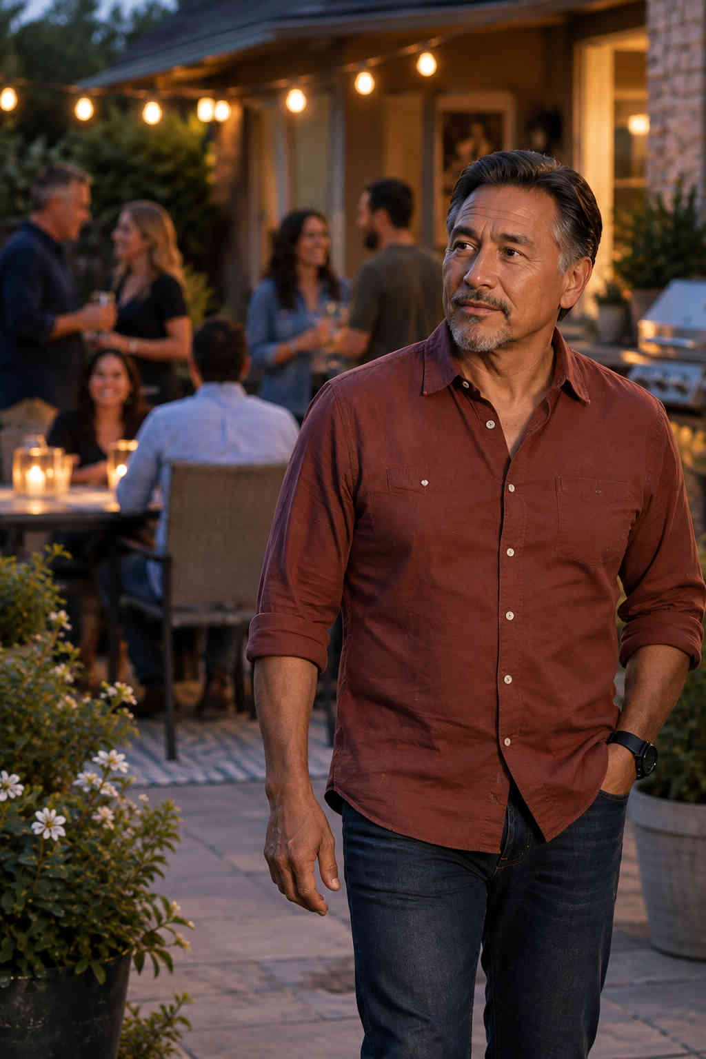 Divorced man at a backyard gathering feeling separate from the people around him