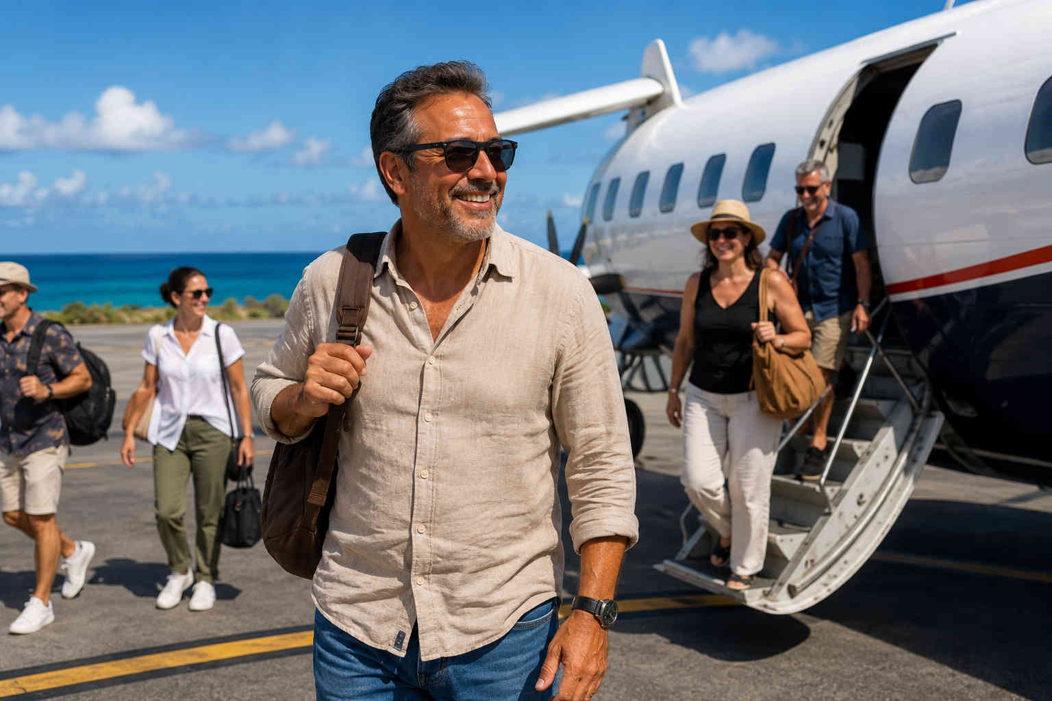 A smiling Hispanic man in his fifties walks across a sunny coastal runway after exiting a small airplane with other cheerful travelers