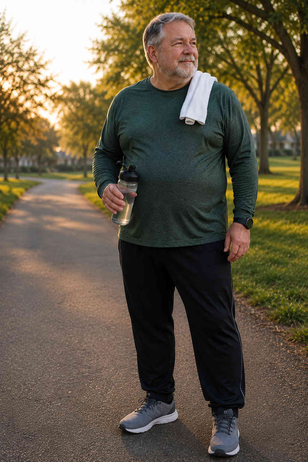 Overweight older man standing on a park path after beginning a simple walking routine