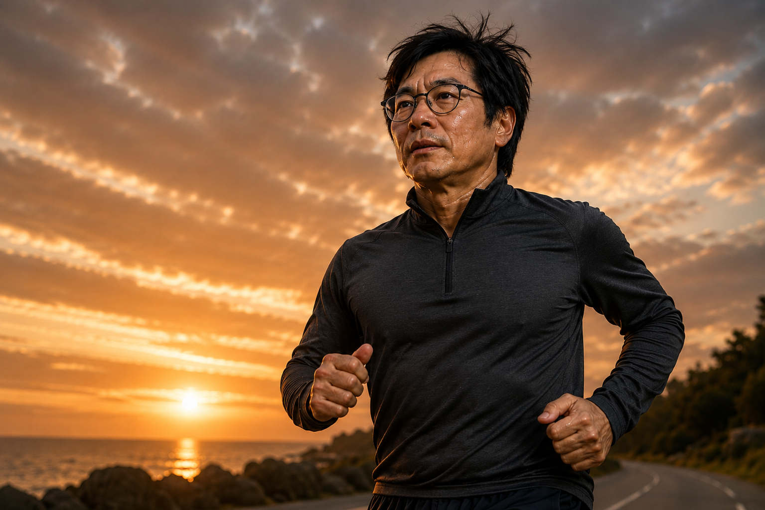Man jogging at sunset while rebuilding his health after divorce