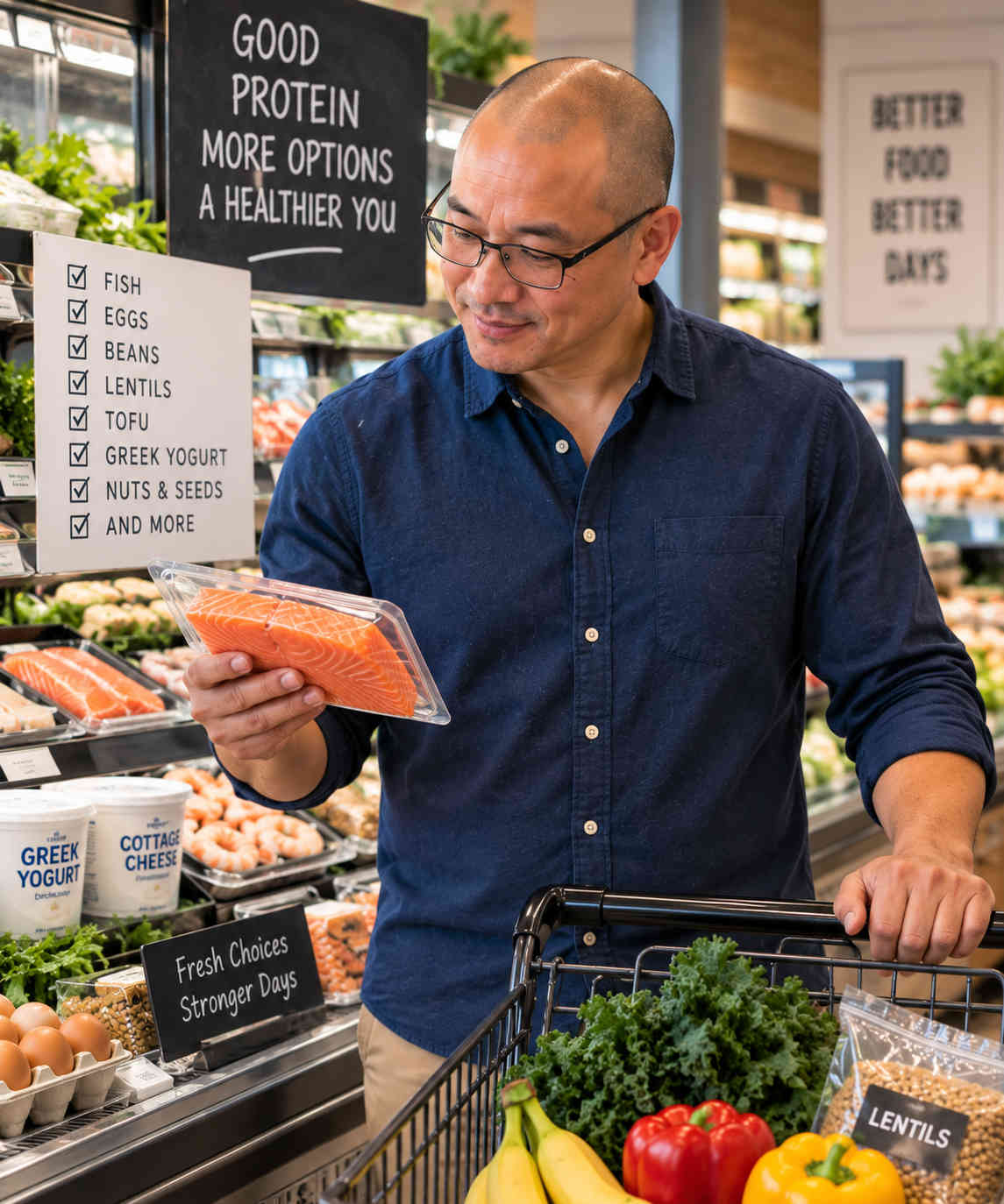 Man choosing salmon and other protein-rich foods in a grocery store