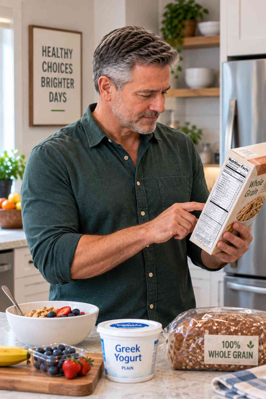 Man reading a Nutrition Facts label in his kitchen