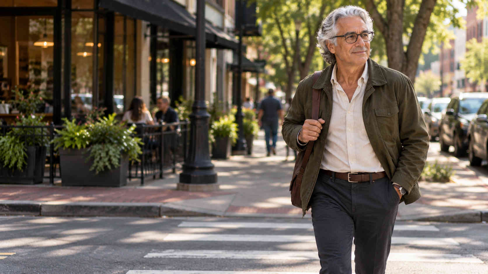 Older man walking confidently through a neighborhood as he moves forward after divorce
