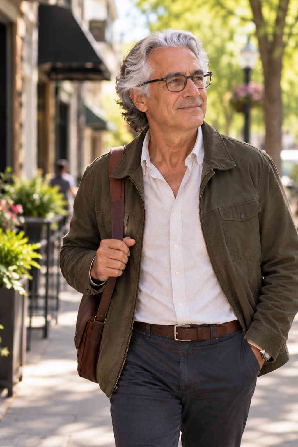 Older man walking confidently through town as he begins moving forward after divorce