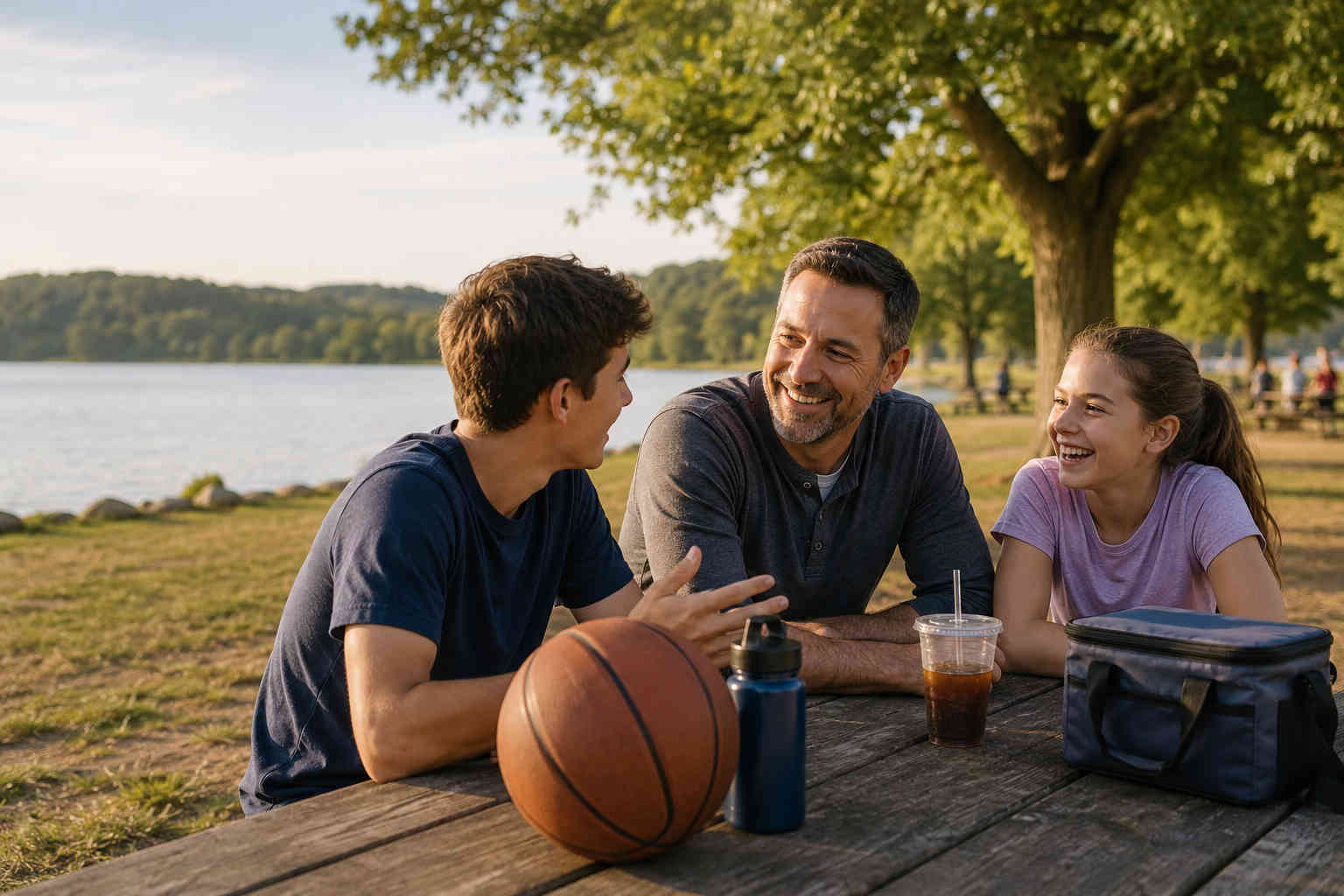 A father talks and laughs with his teenage son and younger daughter at a lakeside picnic table, representing rebuilding a strong relationship with children after divorce