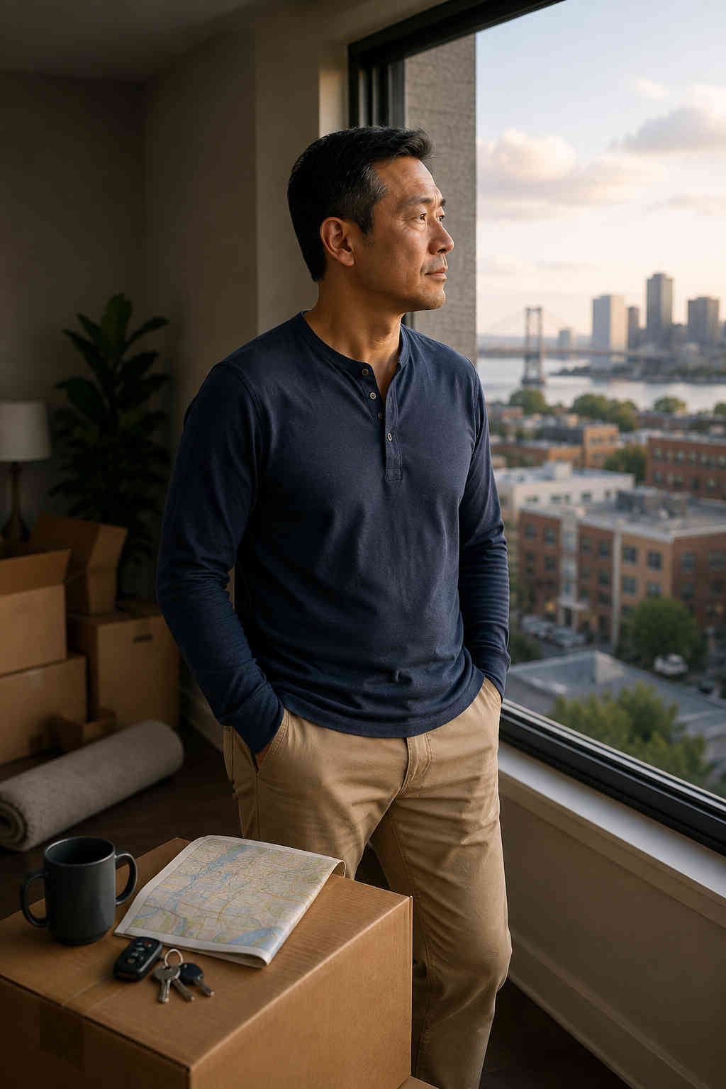 Divorced man standing in a partly packed apartment and looking out over a possible new city