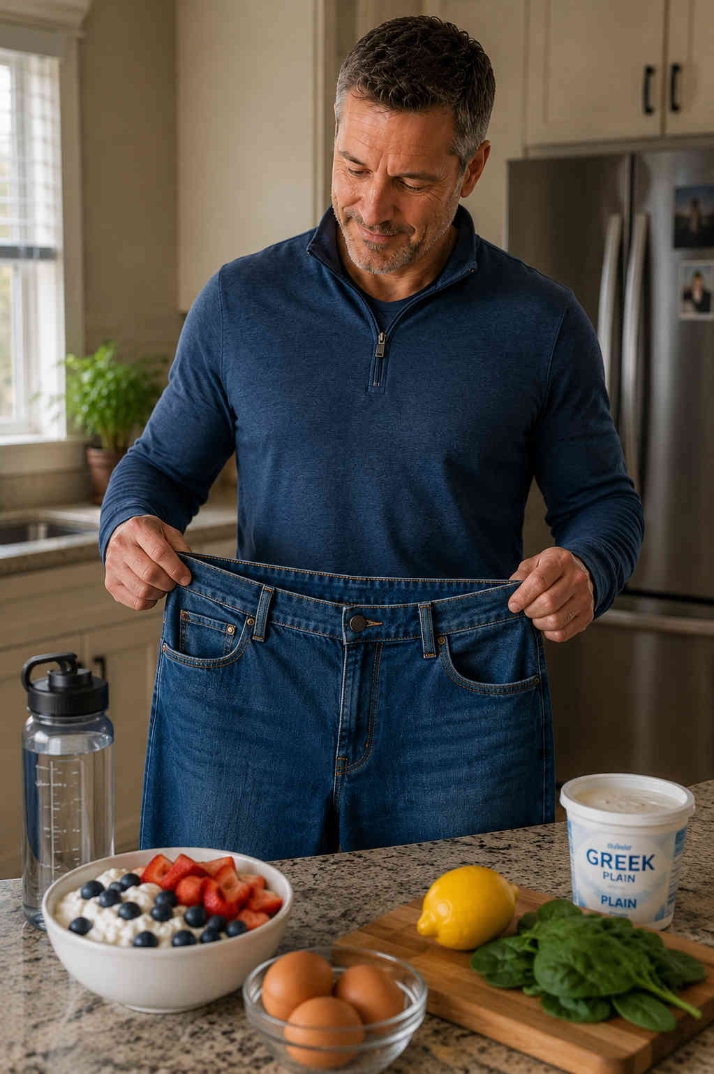 Middle-aged man holding oversized jeans in his kitchen beside healthy foods while working toward sustainable weight loss after divorce