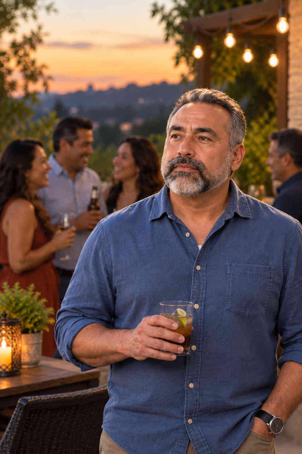 Divorced man standing quietly at a social gathering while other people talk behind him