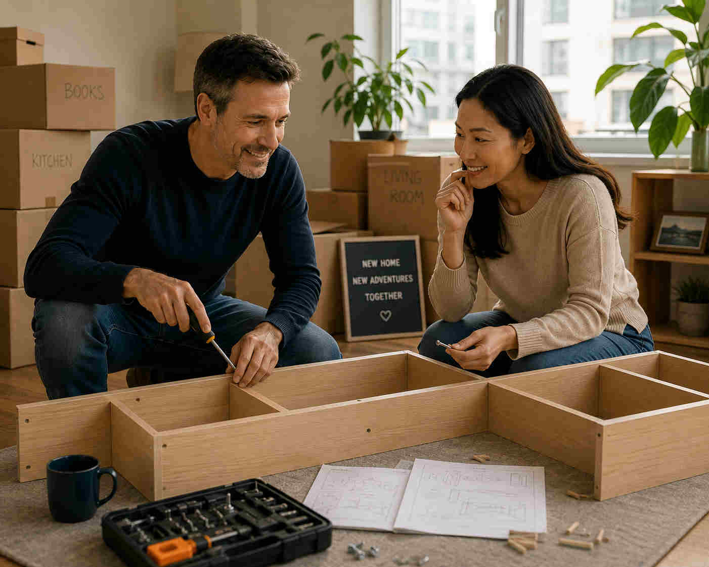 Couple assembling a bookshelf together while discussing the best way to solve the problem