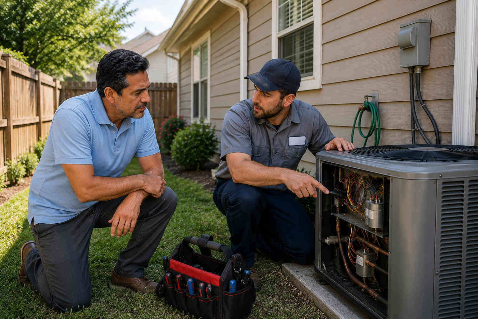 Homeowner listening to an HVAC technician explain an air-conditioning repair beside his house