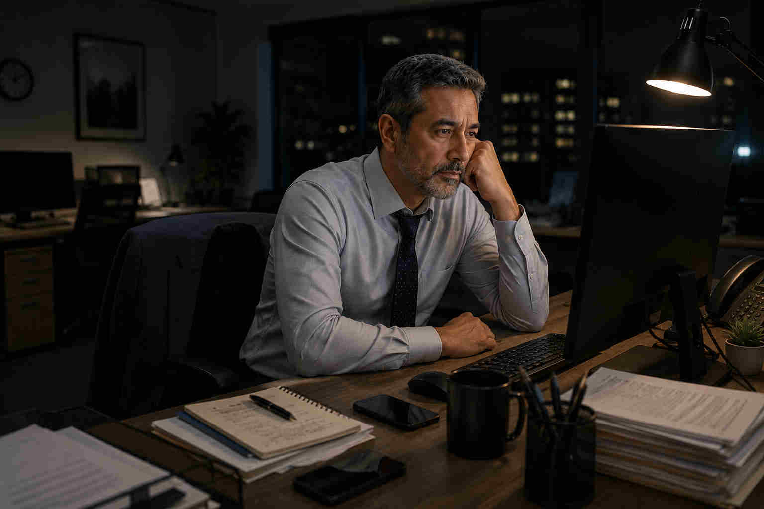 Professionally dressed divorced man sitting alone at his office desk after coworkers have gone home