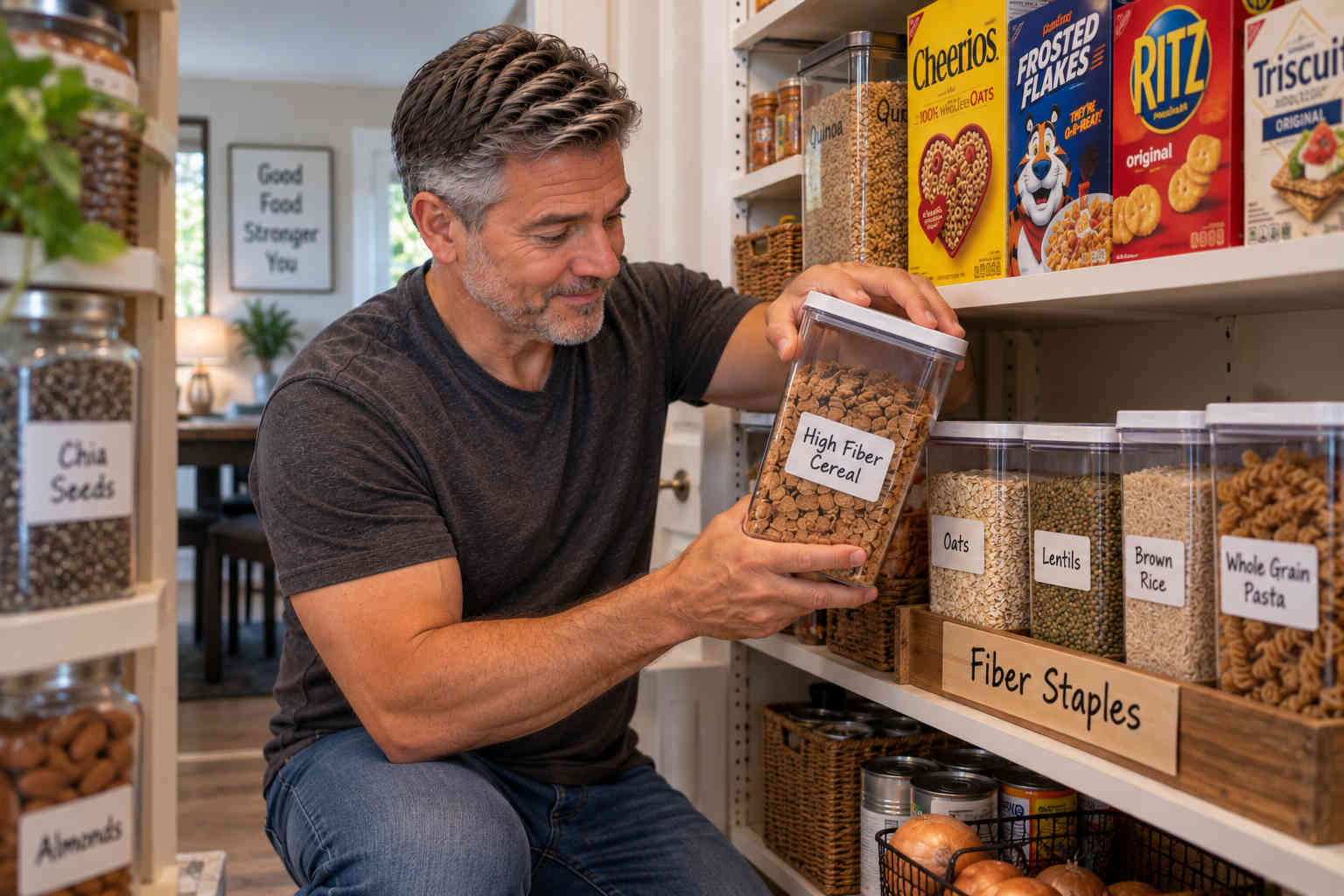 Man organizing oats, lentils, brown rice, whole grain pasta and high-fiber cereal in a pantry