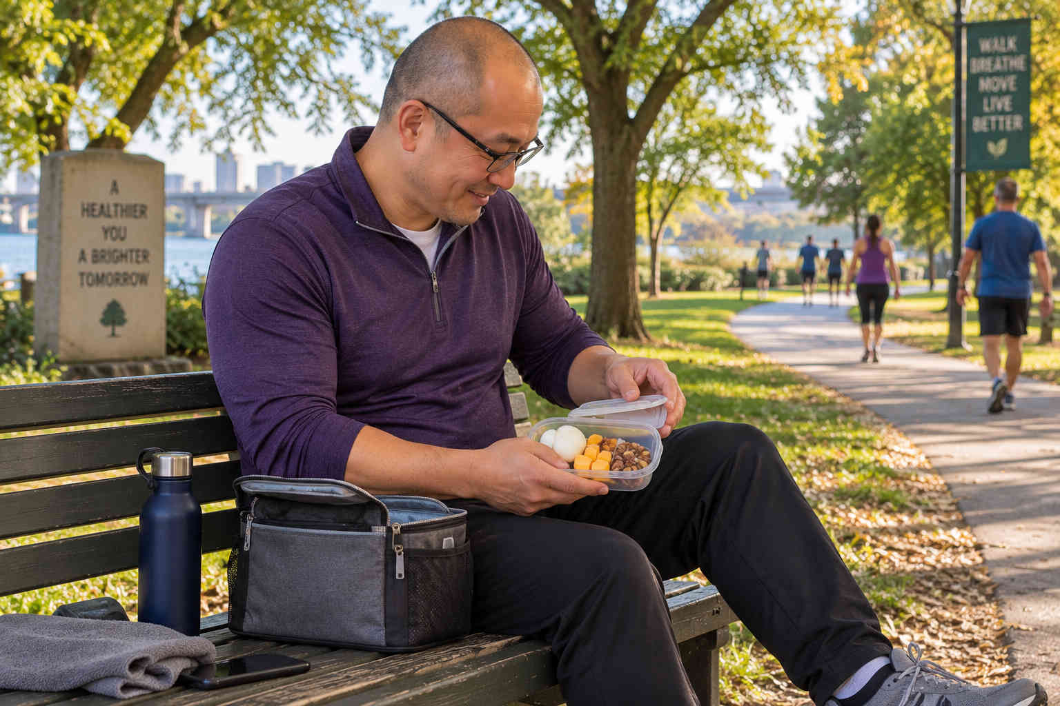 Man opening a snack container with hard-boiled eggs, cheese and nuts after an afternoon walk