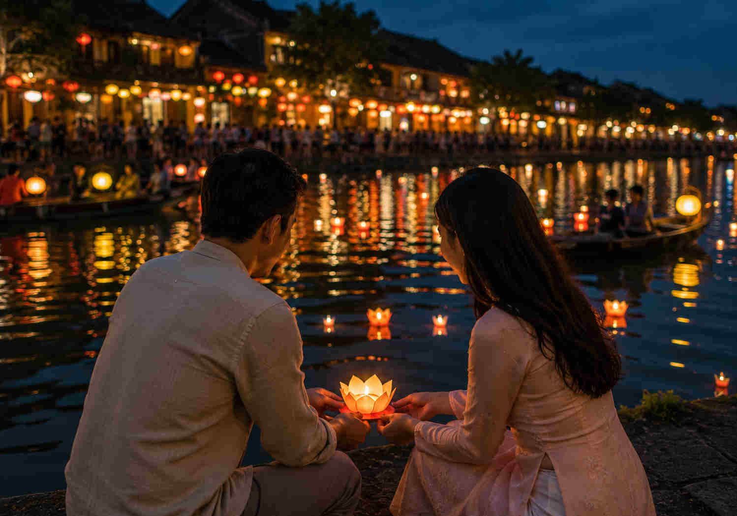 Couple releasing a floating lantern on the Thu Bon River in Hoi An Vietnam