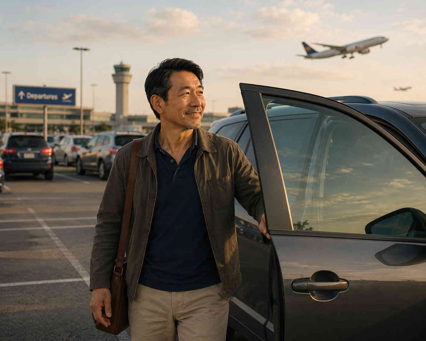 Happy and content solo traveler returning to his vehicle at his home airport while airplanes take off in the distance