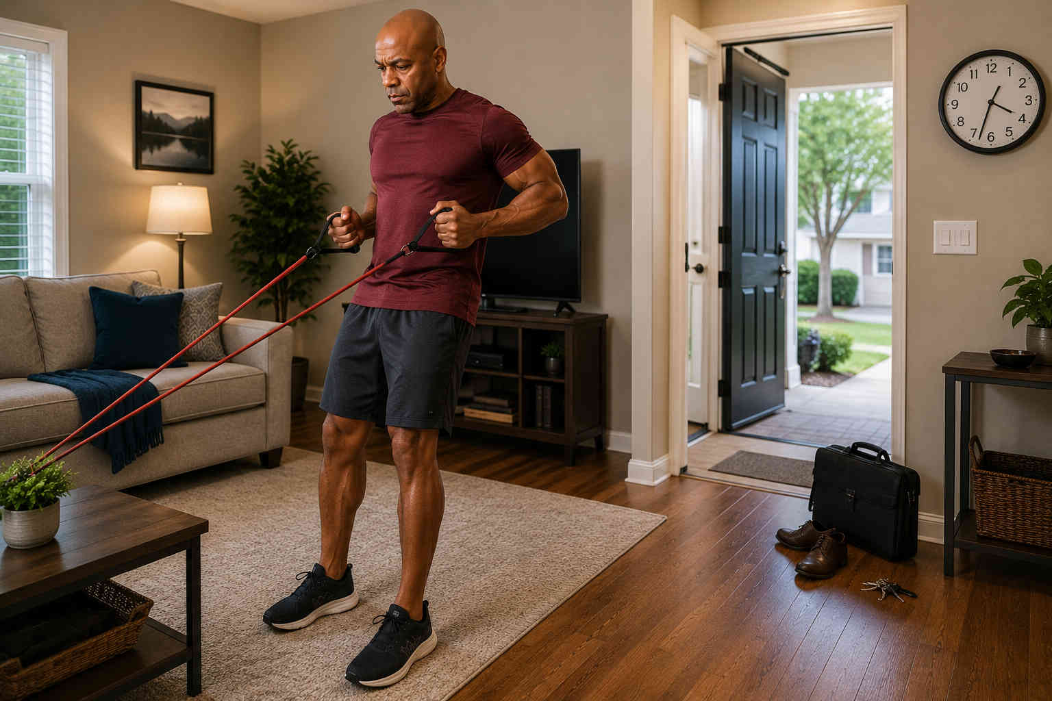Man starting a resistance-band workout in his living room shortly after arriving home from work