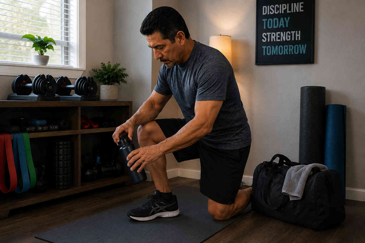 Man preparing in a simple home workout corner with dumbbells, resistance bands, exercise mat, foam roller, and water bottle