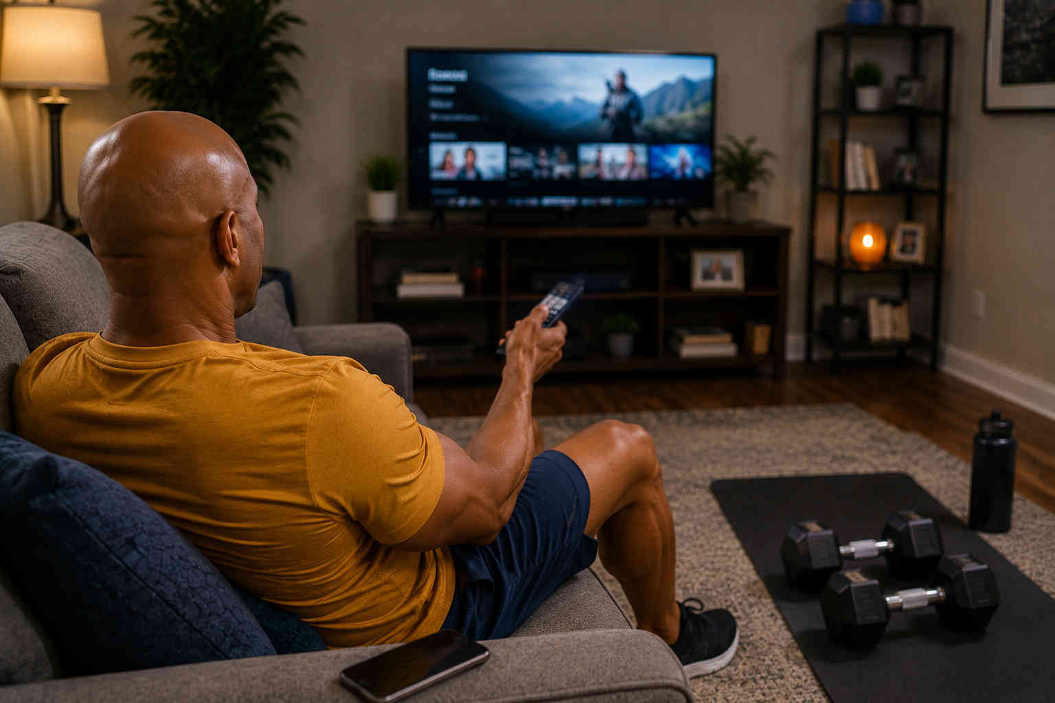 Man sitting on the couch watching television while dumbbells and an exercise mat remain unused in front of him
