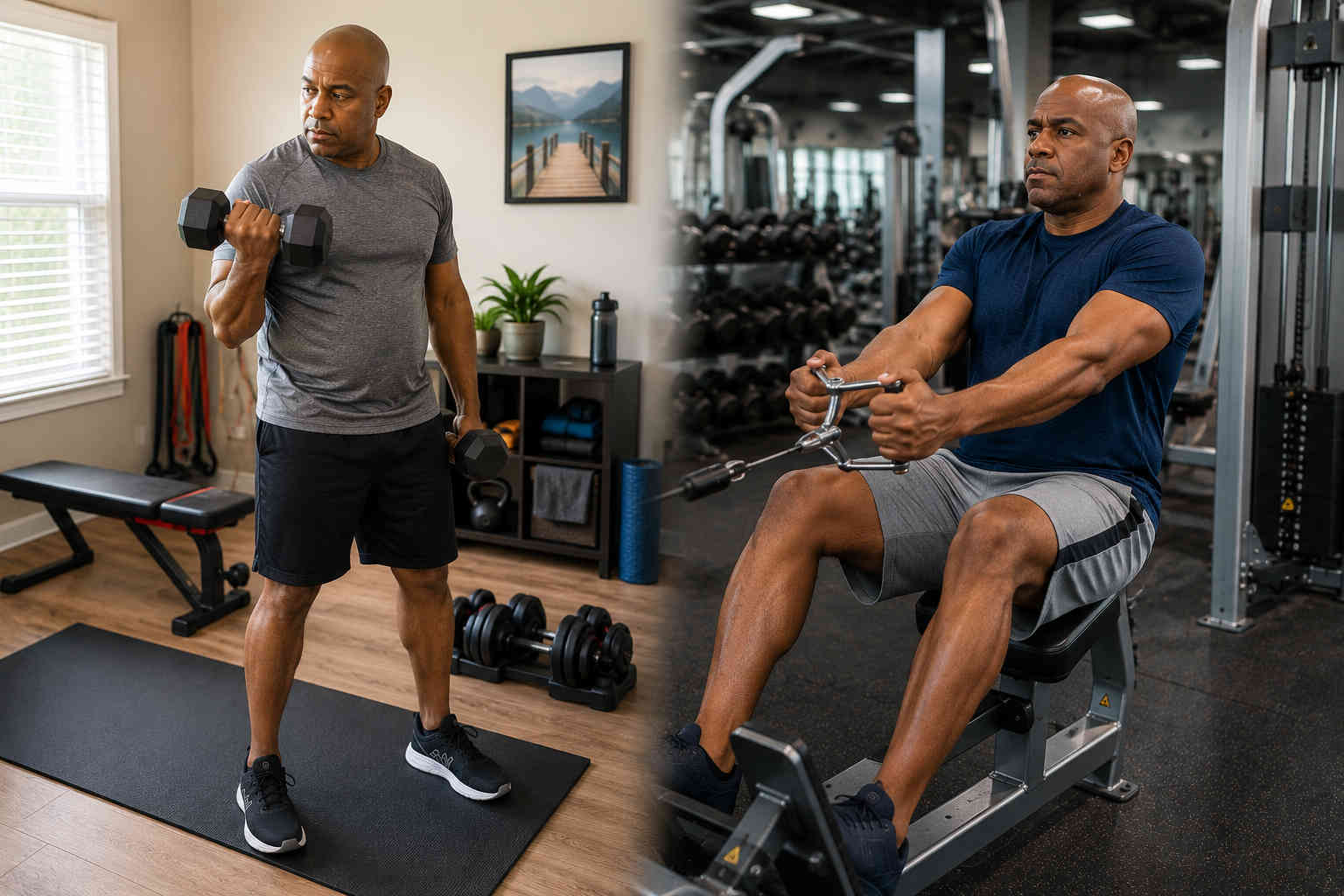 An African American man compares exercising with dumbbells at home and using a resistance machine in a commercial gym