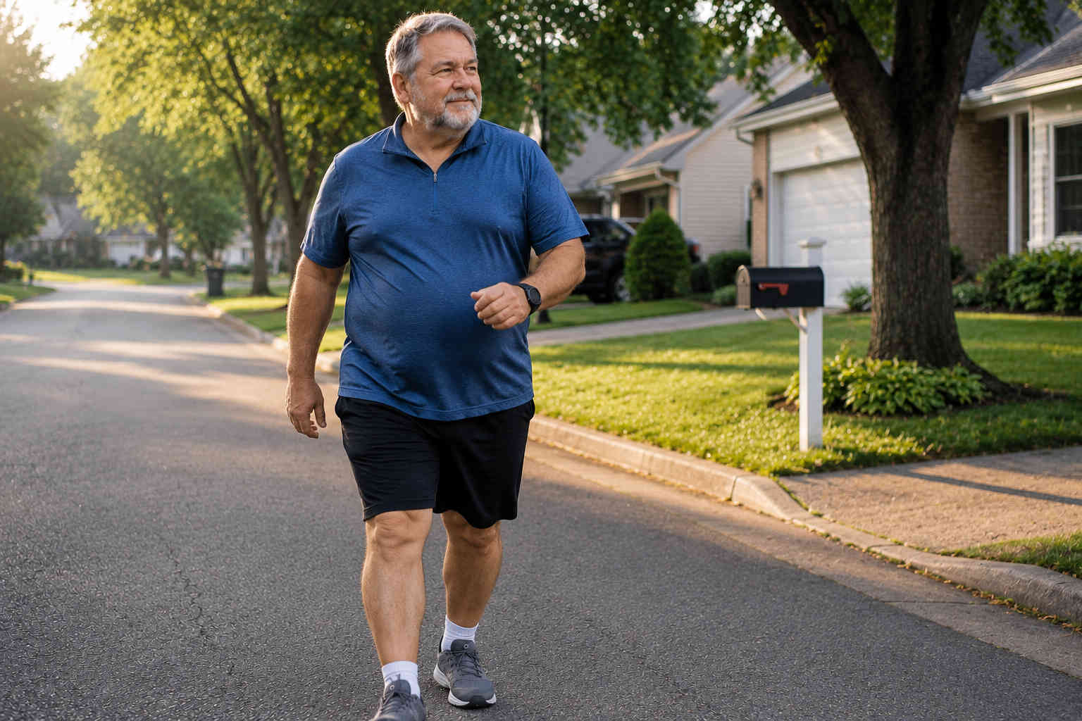 Overweight older man taking a short beginner walk through his neighborhood