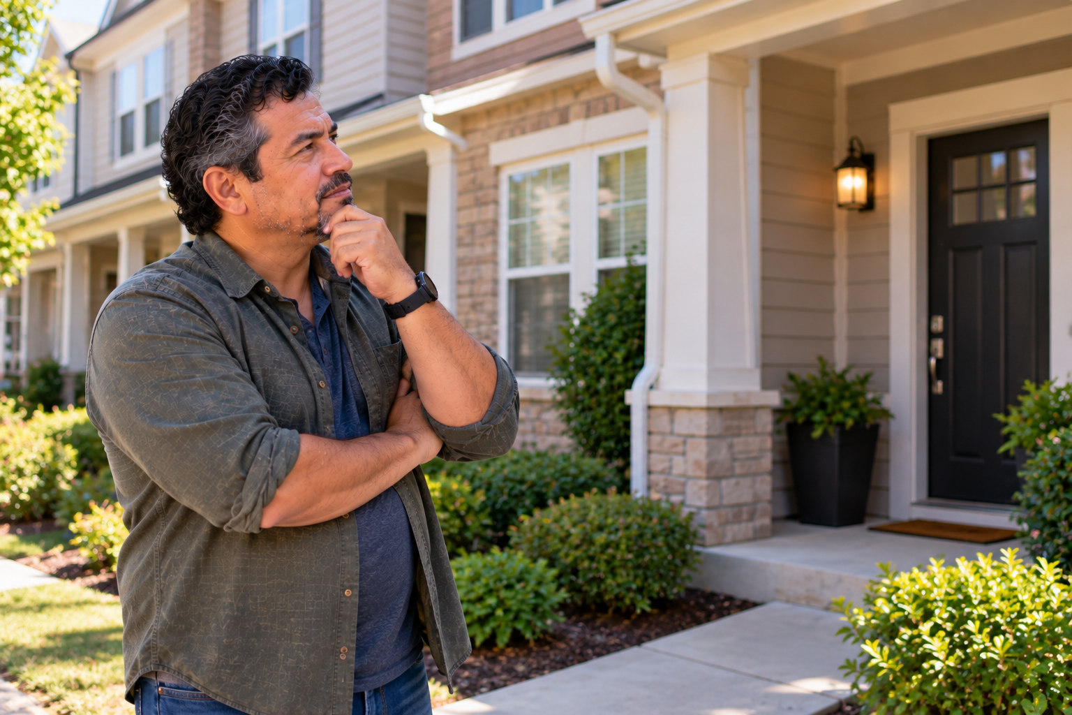 Man standing outside a modest townhouse and considering whether the home fits his financial future