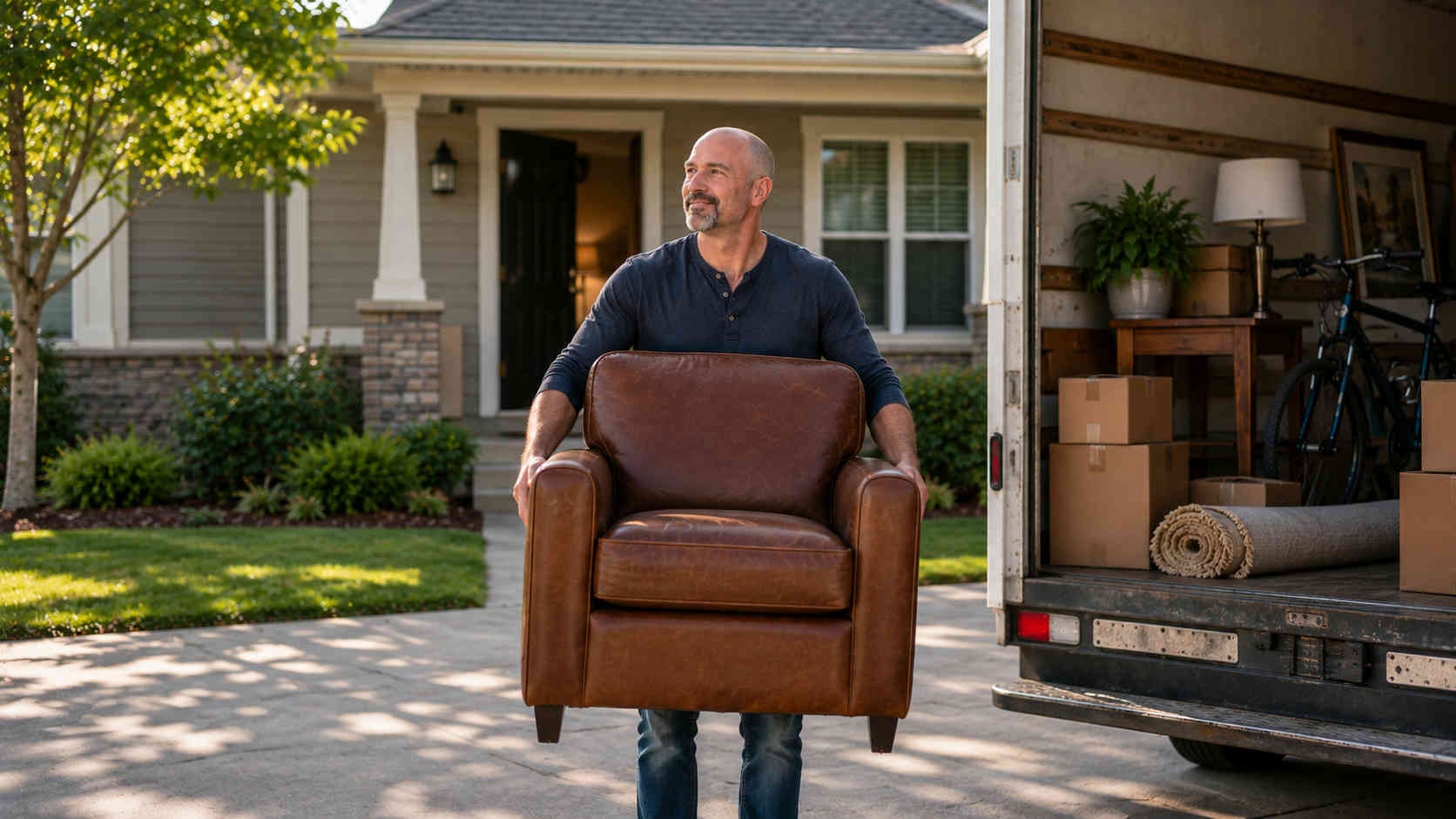 A man carries a brown leather chair from a moving truck toward his new home, symbolizing a fresh housing start after divorce
