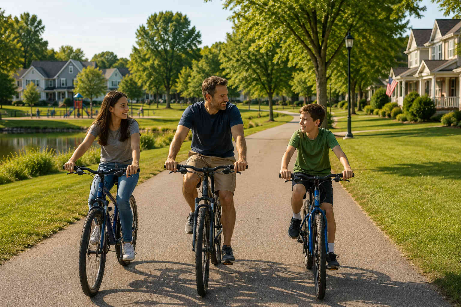 A father rides bicycles with his teenage daughter and young son through a residential neighborhood near a park
