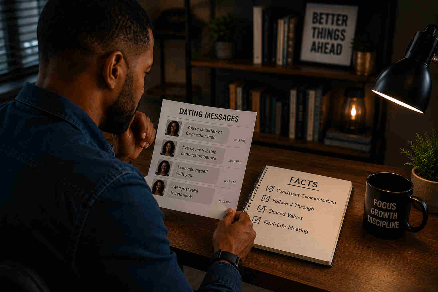 Divorced man comparing dating messages to a facts checklist before becoming emotionally invested