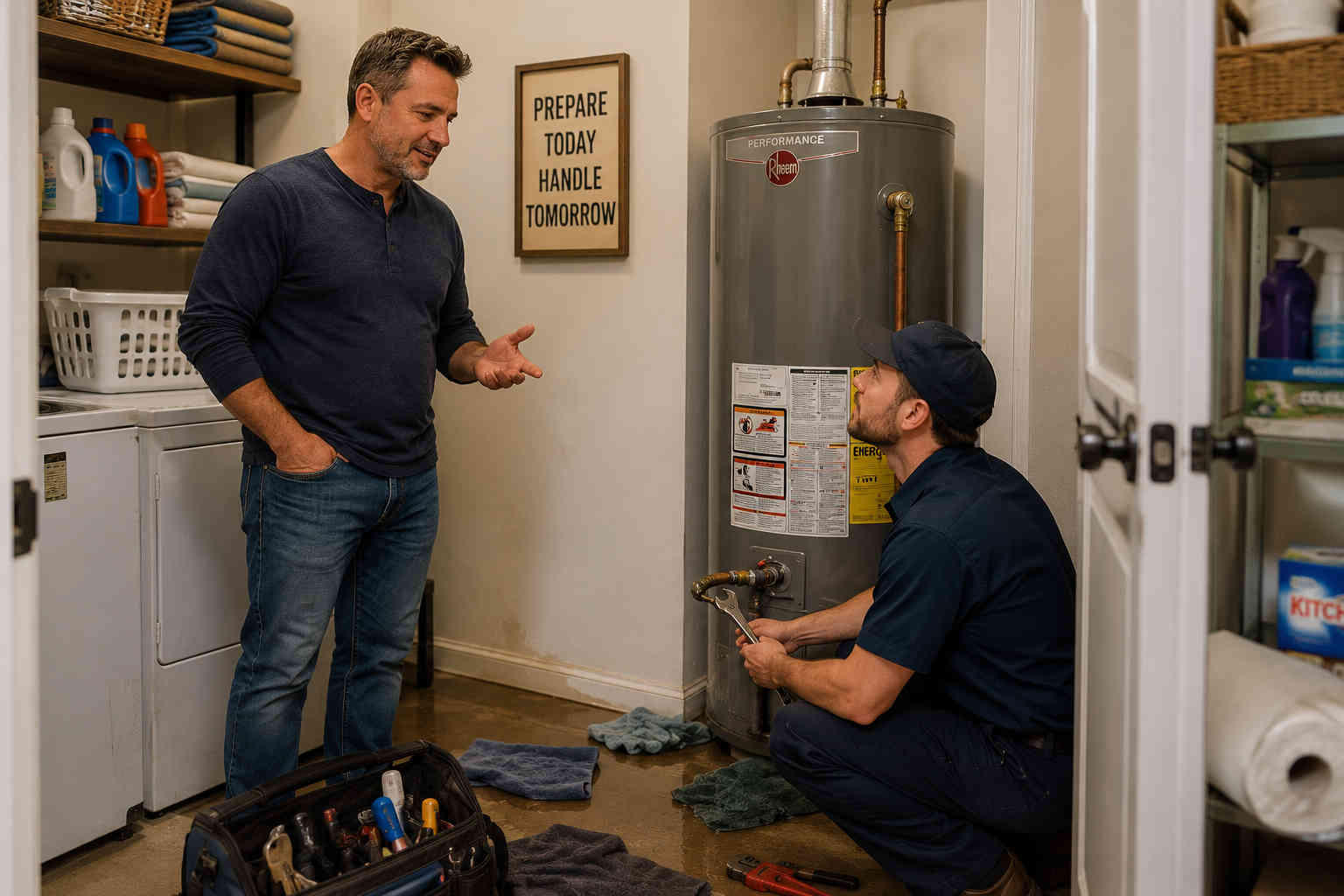 A Caucasian homeowner calmly talks with a plumber repairing a leaking water heater in his laundry room