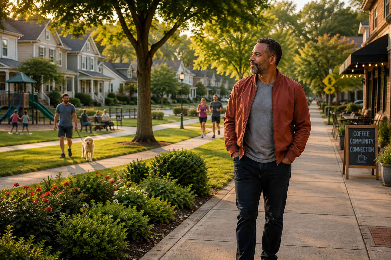 A divorced man walks through a lively tree-lined neighborhood while considering whether the area fits his new life