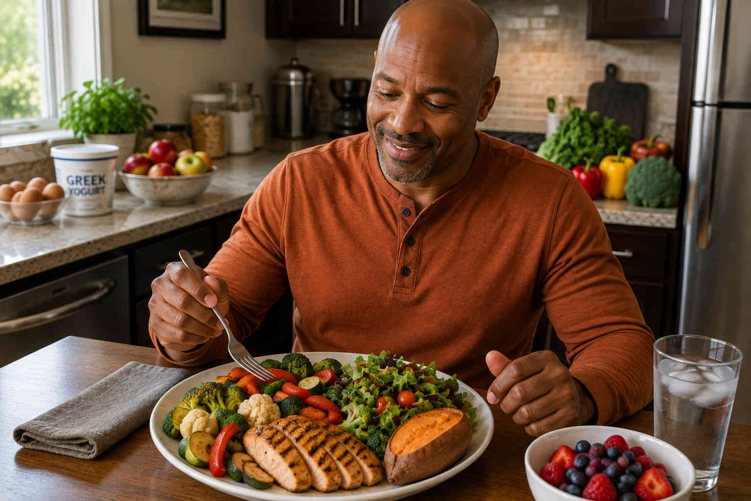 Middle-aged man enjoying a generous plate of grilled chicken, vegetables, salad, and sweet potato while following a filling lower-calorie eating plan