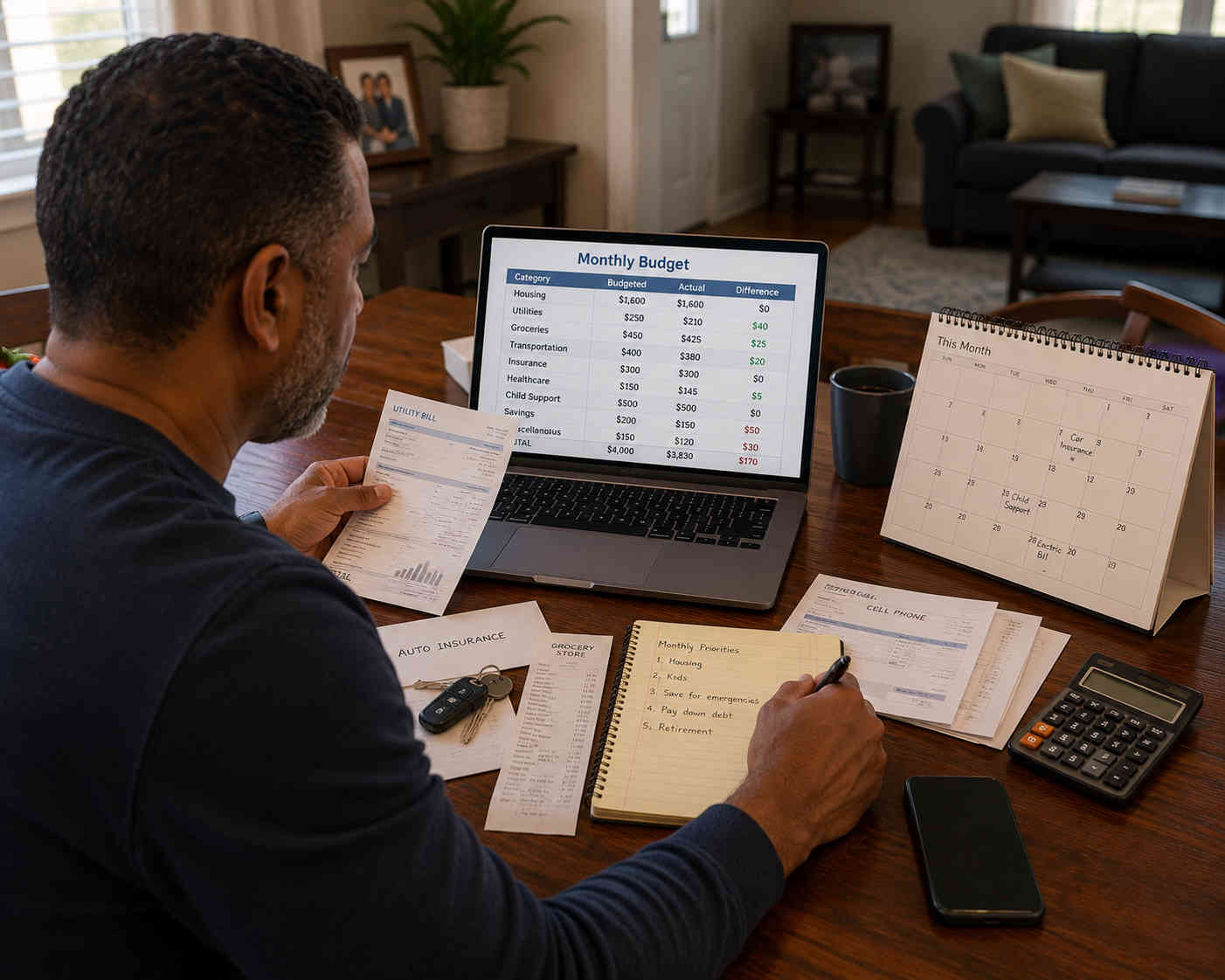 An African American man reviews a realistic monthly budget at his dining table with everyday household expenses nearby