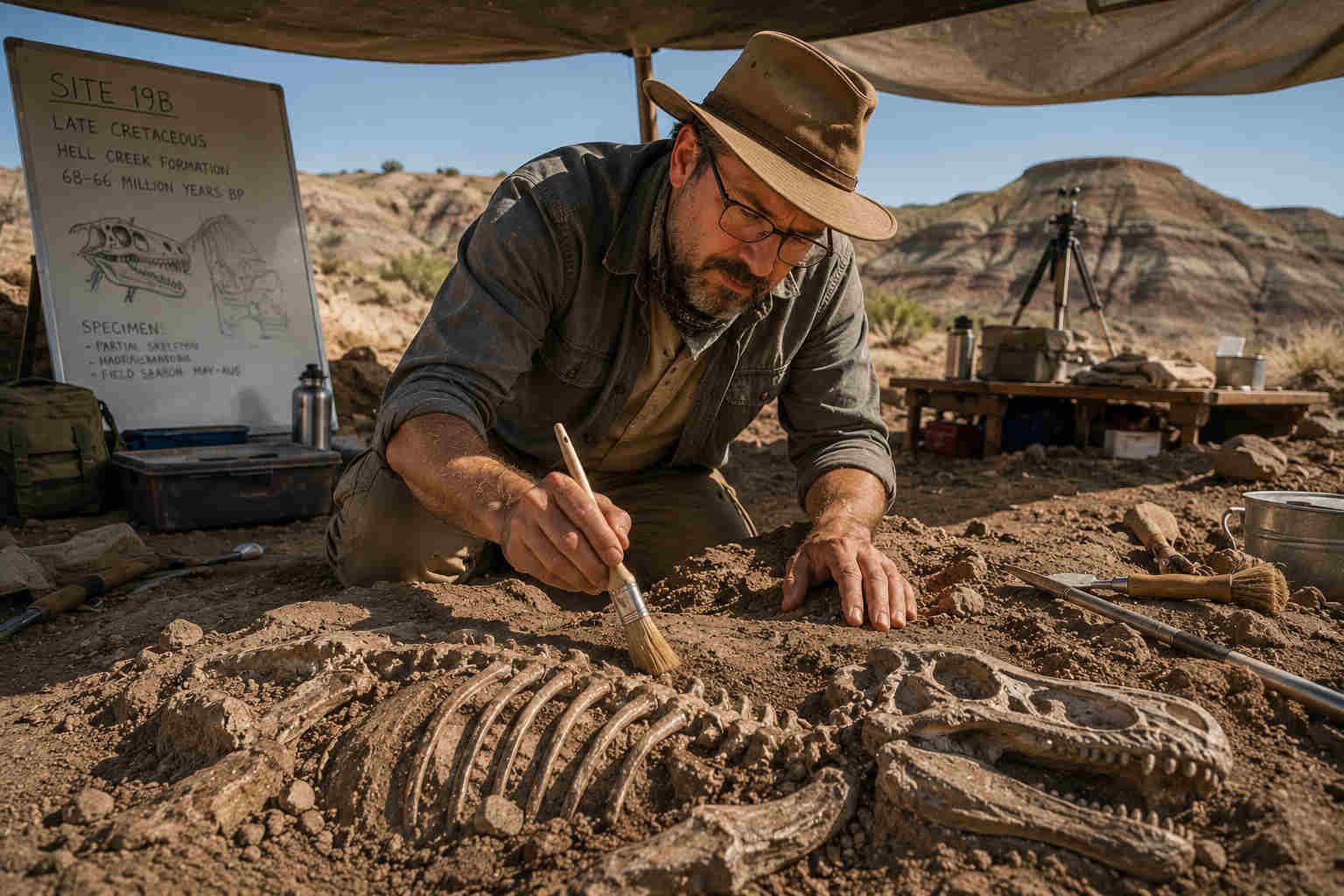 A paleontologist carefully uncovers an ancient fossil, symbolizing the rediscovery of buried purpose after divorce